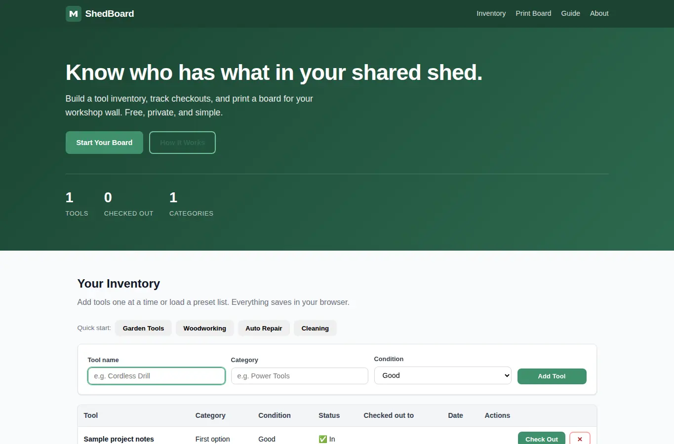 Screenshot of Shared Shed Inventory Board interface showing the project page in use